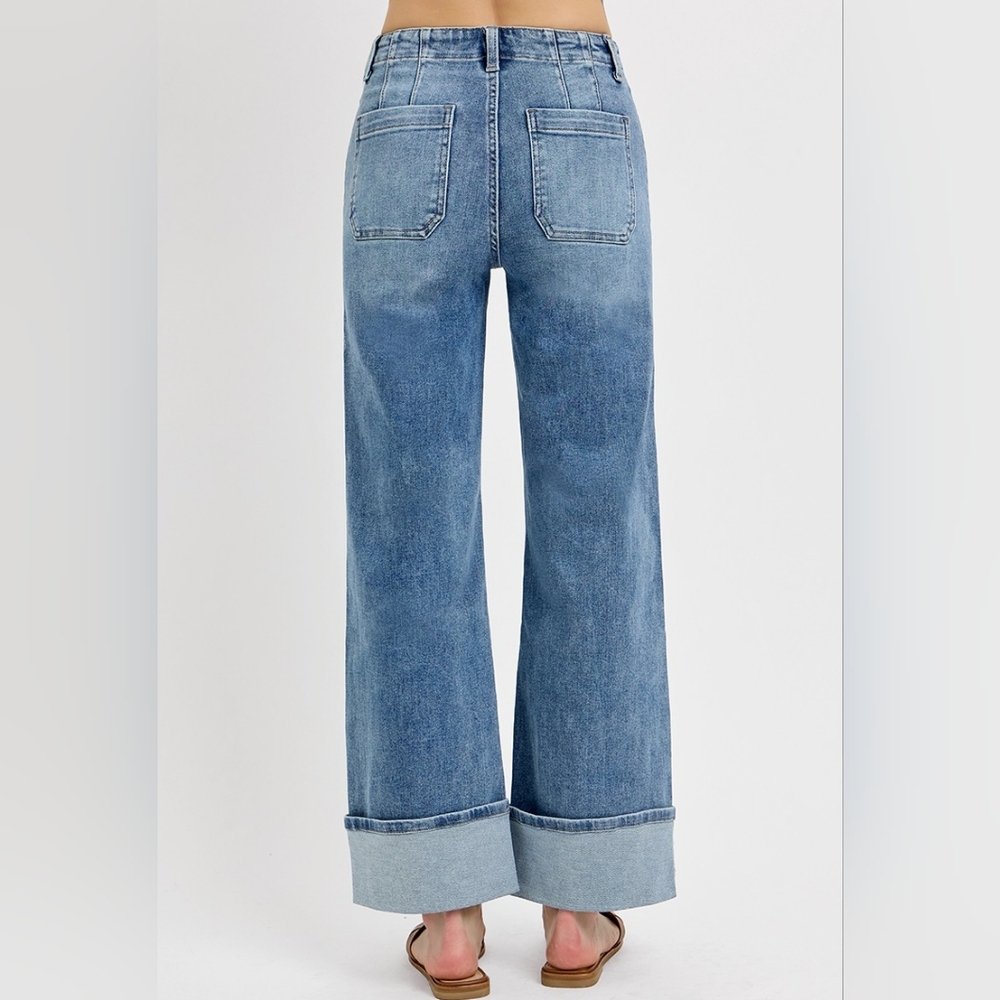 Risen HR Medium Wash Button Fly Patch Pocket Cuffed Wide Leg Jeans Various NEW - Picture 4 of 6